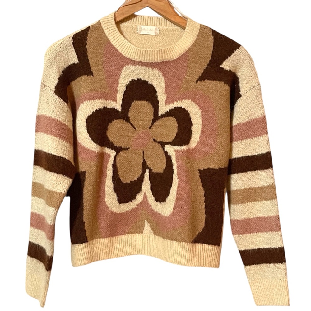 Altar'd State Bailee Flower Tan and Brown Striped Sweater in Women's Size Med